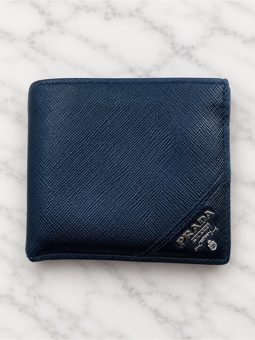 Prada Black Saffiano Leather Bi-Fold Wallet with Logo Plaque